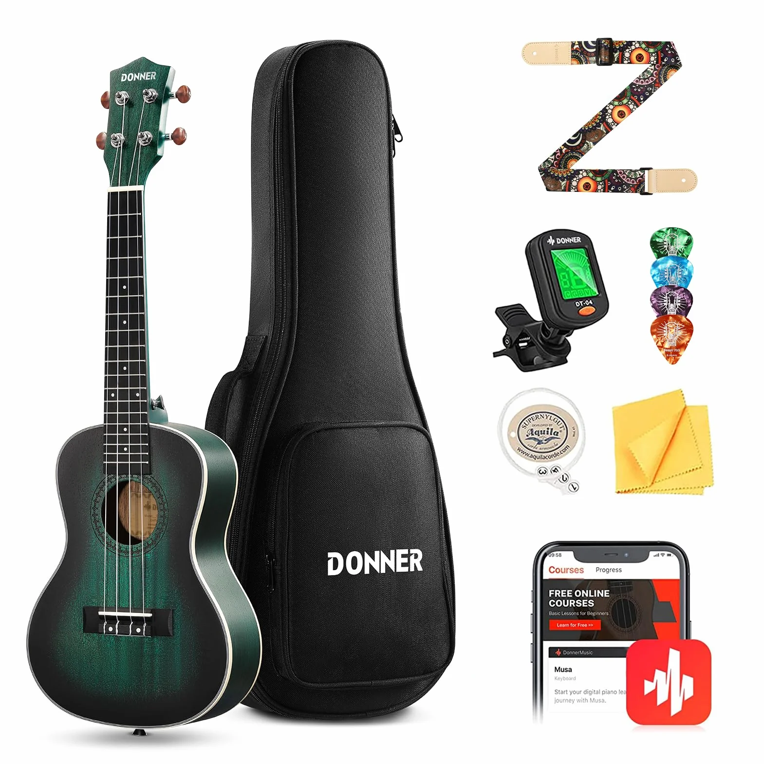 Donner Ukulele koncertowe, profesjonalny zestaw 50 cm, mahoniowe ukelele dla początkujących, dorosłych, dzieci, z lekcją online, torba na siłownię, torba Aquila, stringi, tuner, pasek, DUC-200B, kolor niebieski