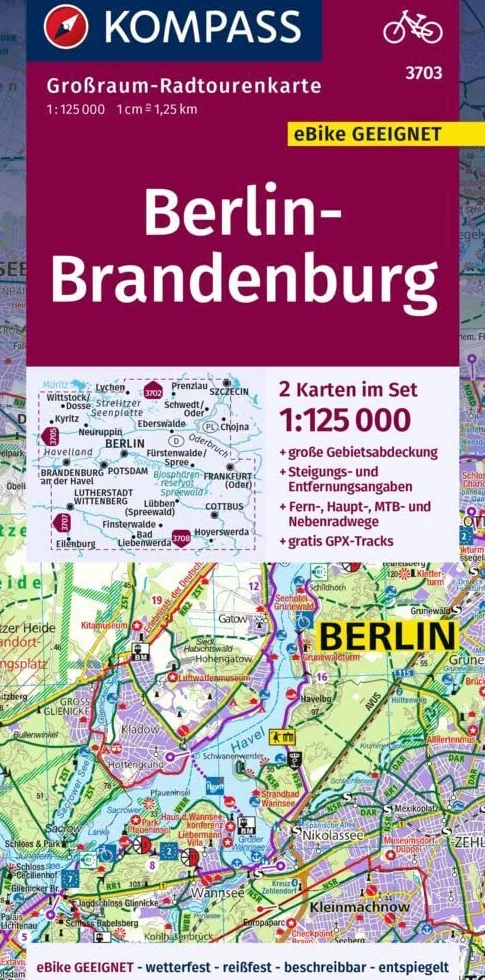 KOMPASS Großraum-Radtourenkarte 3703 Berlin-Brandenburg 1:125.000: 2 Karten im Set, reiß- und wetterfest, GPX-Daten zum Download