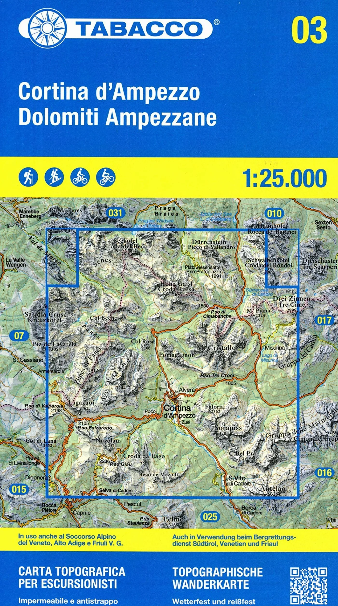 Cortina d'Ampezzo e Dolomiti Ampezzane. Carta topografica in scala 1:25.000, antistrappo, impermeabile, fotodegradabile: 03