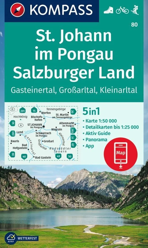 Carta escursionistica Kom 80. St. Johann im Pongau, Salzburger Land: 5in1 Wanderkarte mit Aktiv Guide, Detailkarten und Panorama inklusive Karte zur ... in der KOMPASS-App. Fahrradfahren. Skitouren.