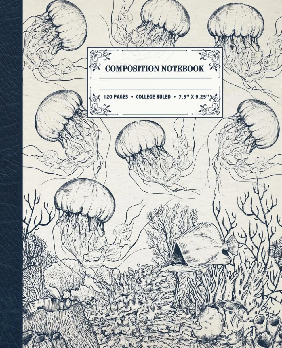 Composition Notebook: College Ruled | Vintage Jellyfish Composition Notebook | Antique Style | Sea Life Ocean Theme | 7.5" x 9.75” | Great for Ocean Lovers