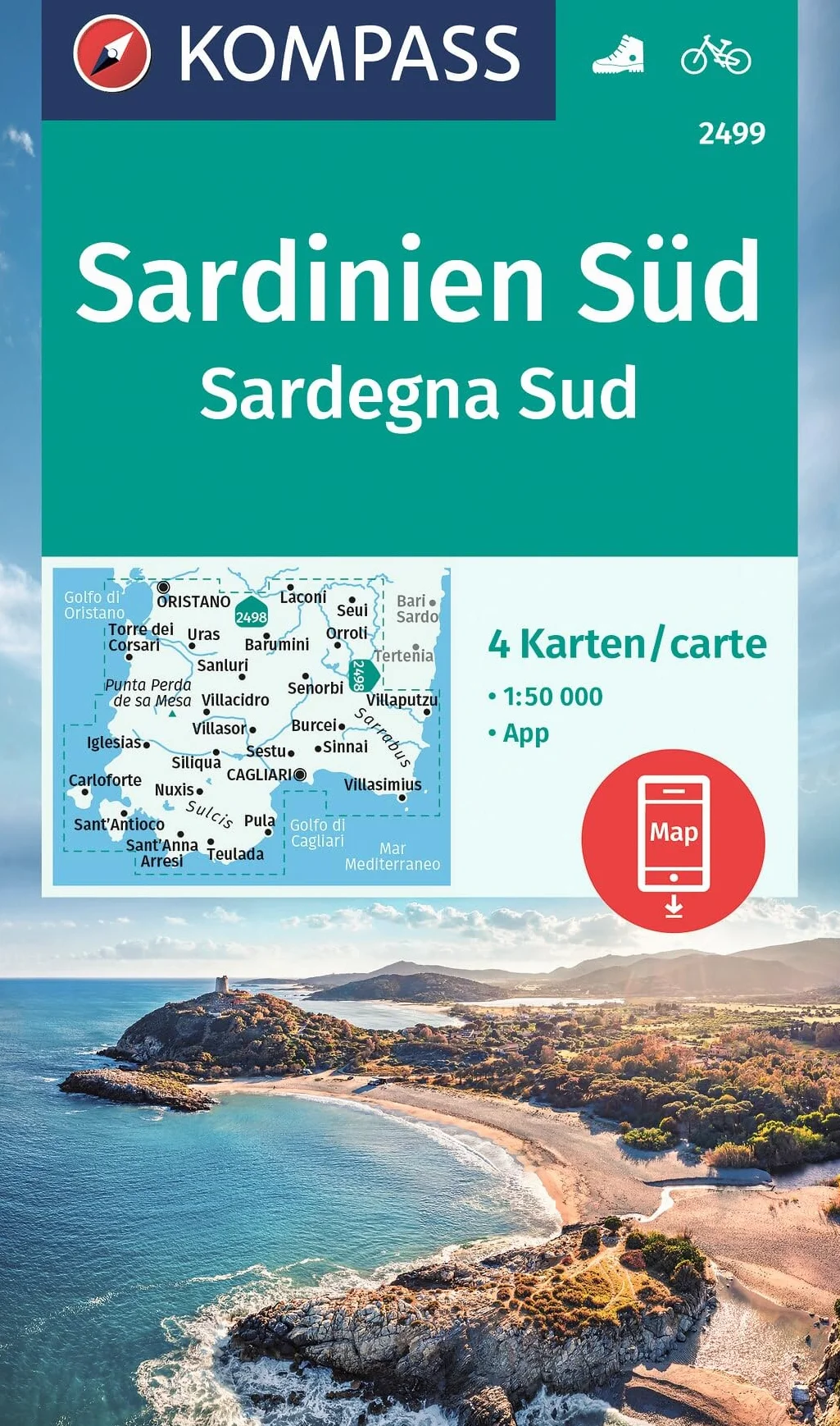 Cartina escursionistica n. 2499 Sardegna Sud; set di 4 cartine: inklusive Karte zur offline Verwendung in der KOMPASS-App. Fahrradfahren.