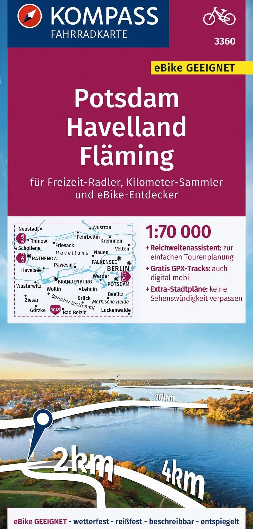 KOMPASS Fahrradkarte 3360 Potsdam, Havelland, Fläming mit Knotenpunkten 1:70.000: reiß- und wetterfest mit Extra Stadtplänen