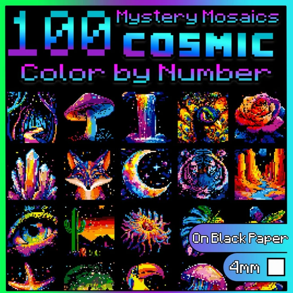 100 Color by Number Cosmic Nature: Mystery Mosaics: Pixel Art Coloring Book for Adults with Dazzling Colorful Hidden Images, Color Quest on Black Paper