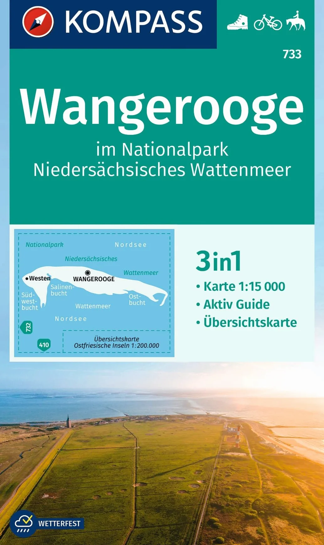 KOMPASS Wanderkarte 733 Wangerooge im Nationalpark Niedersächsisches Wattenmeer 1:15.000: 3in1 Wanderkarte, mit Aktiv Guide und Übersichtskarte. Fahrradfahren. Reiten.