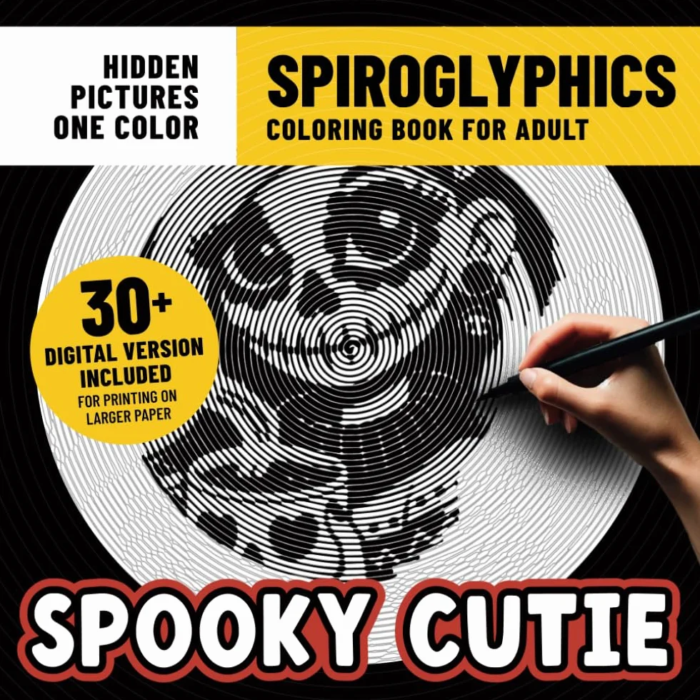Spiroglyphics Spooky Cutie Coloring Book: Horror Coloring Pages With Hidden Pictures for Adults Stress Relief & Relaxation With Just One Color