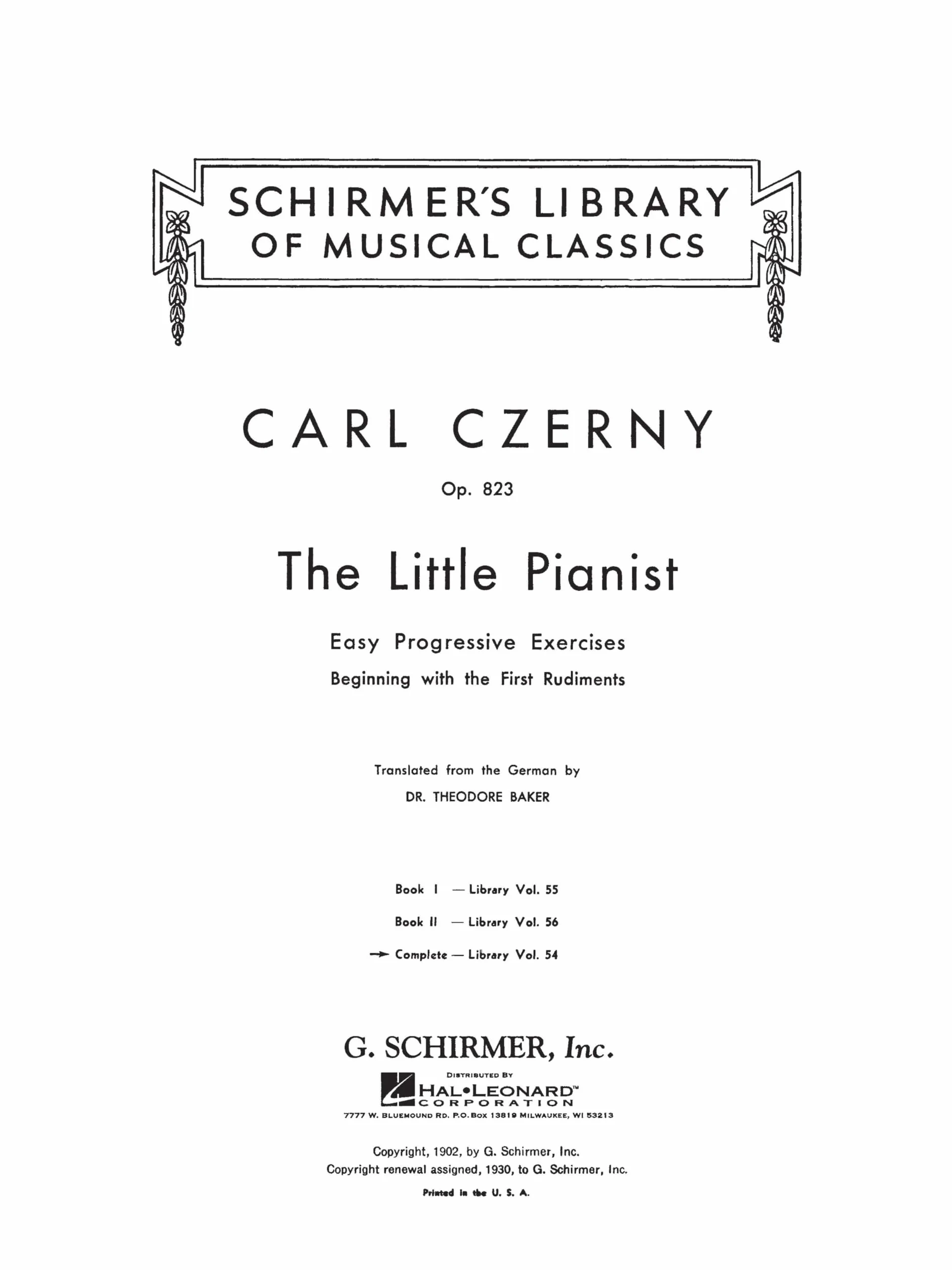 Carl Czerny The Little Pianist Op. 823 Piano Schirmer Library of Classics Volume 54