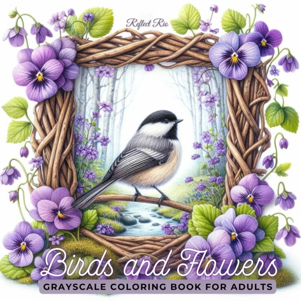 Birds and Flowers Coloring Book: Beautiful Rustic Frames with Birds and Scenic Views for Stress Relief - Adult Grayscale Coloring Book