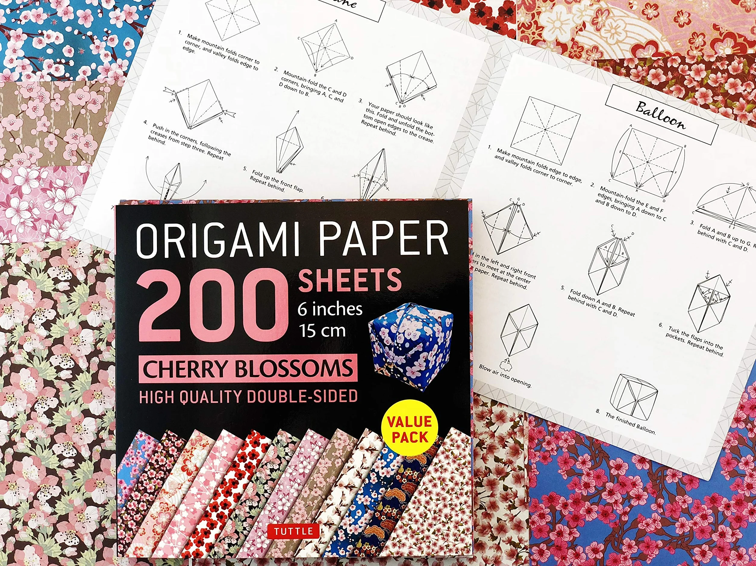 Tuttle Origami Paper Cherry Blossoms 200 Sheets 6" (15 cm) 12 Colors Instructions for 8 Projects