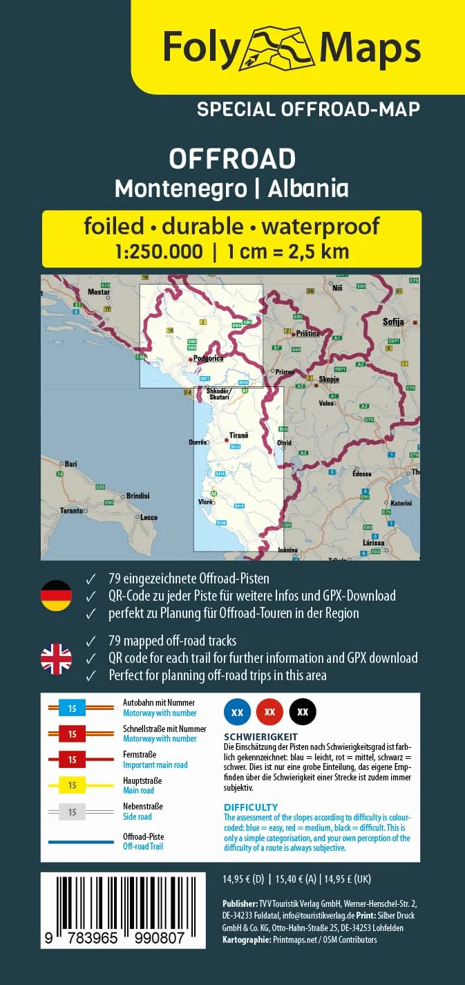 FolyMaps OFFROAD Montenegro Albania 1:250 000 Special Map Over 75 Off-Road Tracks