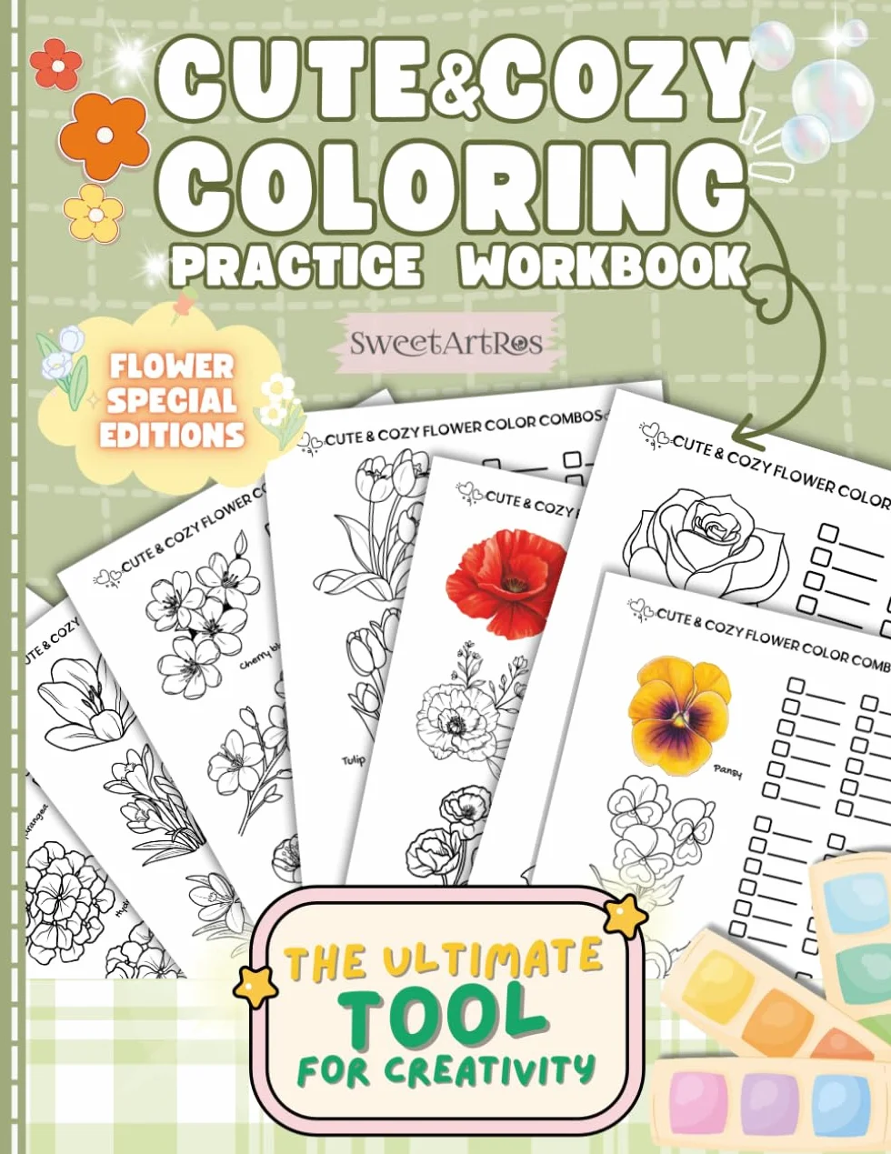 Cute & Cozy Coloring Practice Workbook: Flower Edition: Floral Templates for Blending, Shading, and Recording Color Combos with Markers, Colored Pencils, and Coloring Supplies
